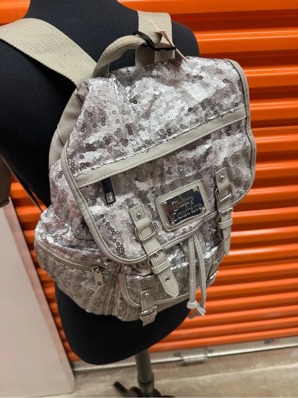 NWT Juicy Couture Silver Sequin Backpack with Buckle Details